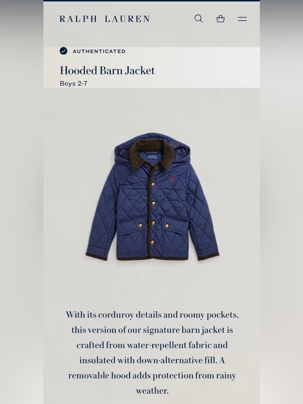 Boys Polo Ralph Lauren Navy Quilted Jacket with Brown Corduroy Trim